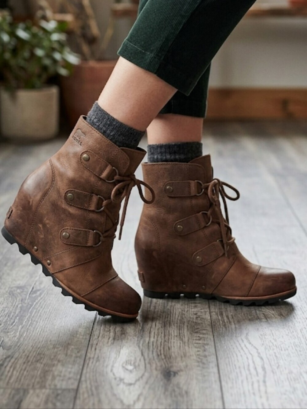 Sorel Women Brown Leather Lace-Up Hidden Wedge Ankle Boots Moto Shoes Sz 7